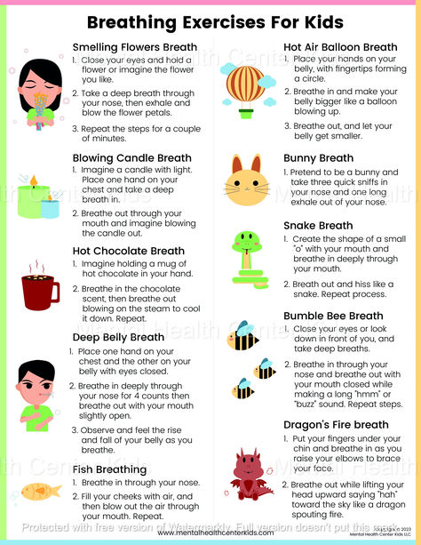 breathing exercises for kids handout Breathing For Kids, Breathing Exercises For Kids, Exercises For Kids, Deep Breathing, Mental Health Center, Calming Activities, Mindfulness For Kids, Child Therapy, Mindfulness Activities