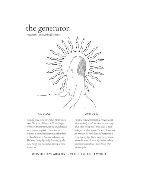 ARE YOU A HUMAN DESIGN READER? ARE YOU COMMITTED TO HELPING PEOPLE LIVE THEIR DESIGN? WE HAVE CREATED THIS READER PACK FOR YOUR SPACE OF OFFERING. This pack contains 5 unique human design prints for each design type.  Each print contains a section dedicated to each types magic (gifts, talents and unique way of being), and the lesson (how best to navigate life and important tips to remember) and a personalised mantra for each type. I  Measurements : DIGITAL FILES / 8 x 10 inch *File is delivered Manifesting Generator, Hd Art, Human Design System, Magic Gift, Utila, Navigating Life, Human Design, What Is Life About, Projector