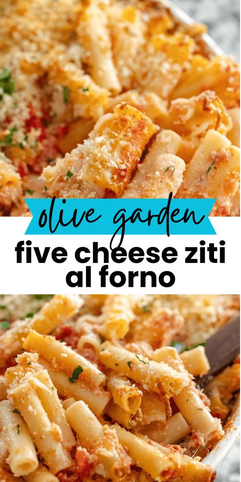 This homemade recipe for Olive Garden's popular Five Cheese Ziti al Forno will bring you all the comfort and flavor you love from the restaurant version, from your own kitchen! Zesty tomato sauce packed with melty cheese, and the right amount of crunch from the breadcrumb topping makes the ultimate meatless pasta dish, that everyone will love! Olive Garden Five Cheese Ziti Al Forno, Ziti Al Forno Olive Garden, Olive Garden 5 Cheese Ziti Recipe, Olive Garden Baked Ziti Recipe, 5 Cheese Ziti Olive Garden, Five Cheese Ziti Olive Garden, 5 Cheese Ziti Recipe, Olive Garden Ziti, Meatless Pasta Dishes