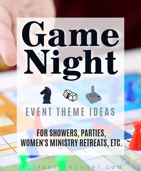 Game Night theme ideas for party and event planning.  Lots of ideas for small or large groups.  Women's ministry leaders--don't forget to grab the devotional ideas for this theme! #gamenightideas #womensministrythemes Relief Society Game Night, Womens Ministry Events Ladies' Night Fun Games, Church Game Night Ideas, Womens Ministry Events Themes, Games For Womens Ministry Ladies Night, Church Party Ideas, Game Night Party Ideas, Game Night Theme, Church Game Night