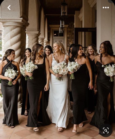 Black Wedding Party Dress, Black Satin Bridal Party, Monochrome Bridesmaid Dresses, Black Brides Mades Dresses, Black Attire Bridal Party, Black Bridesmaid Dresses Wedding Party, Black Silk Bridesmaid Dresses, Black Bridesmaid Dresses Aesthetic, Black Bridesmaids Dresses Mismatched