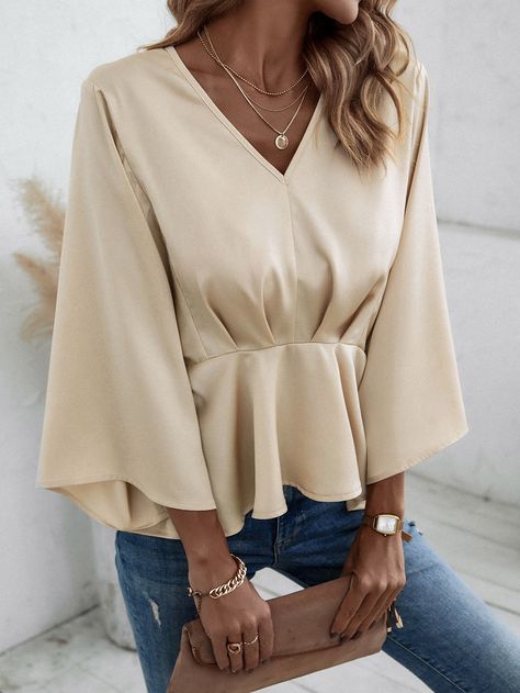 Apricot Casual Collar Long Sleeve Satin Plain Peplum Embellished Non-Stretch  Women Tops, Blouses & Tee Preppy Prom, Shein Brasil, Trendy Business Casual, Business Formal Dress, Classic Blouses, Trendy Tops For Women, Formal Dresses Gowns, Oversized Blouse, Peplum Blouse