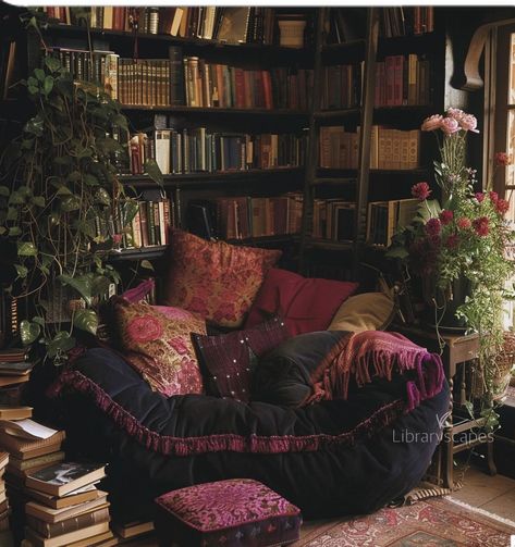 Boho Whimsigoth Living Room, Maximalist Cozy Decor, Book Corner Apartment, Dark Room Decor Aesthetic, Witch Core Living Room, Maximalist Entrance Hall, Cohesive Maximalism, Home Decor Whimsigoth, Home Decor Maximalism Vintage