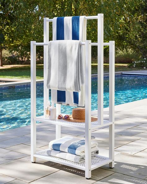 Who else is counting down the days until summer? Soak up the best of the season with poolside essentials and lounge-worthy designs for the sun-soaked days ahead ☀️ Pool Furniture Ideas Decor, Towel Rack For Pool, Pool Towel Storage, Pool Organization, Cocktail Pool, Pottery Barn Outdoor, Pool Storage, Privacy Screen Outdoor, Outdoor Privacy