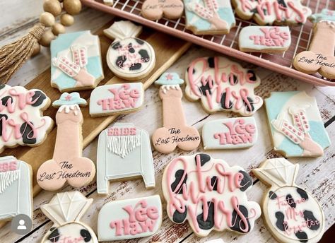 Farm Bachelorette Party Ideas, Not Cheesy Bachelorette Shirts, Last Hoedown Bachelorette Party Cookies, Last Hoedown Cookies, Last Rodeo Bachelorette Cake, Spicy Bachelorette Party, Last Rodeo Bachelorette Party Cookies, Hen Party Cookies, Cow Bachelorette Party Ideas