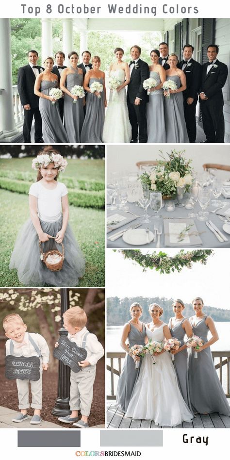 Top 8 October Wedding Colors - Gray Wedding #colsbm #weddings #weddingideas #graywedding Fall Bridesmaid Dresses Burgundy, Bridesmaid Dresses Mismatched Purple, Fall Bridesmaid Dress Colors, Bright Bridesmaid Dresses, October Wedding Colors, Grey Wedding Theme, Pink Bridesmaid Dresses Long, Rustic Bridesmaid Dresses, Country Bridesmaid Dresses