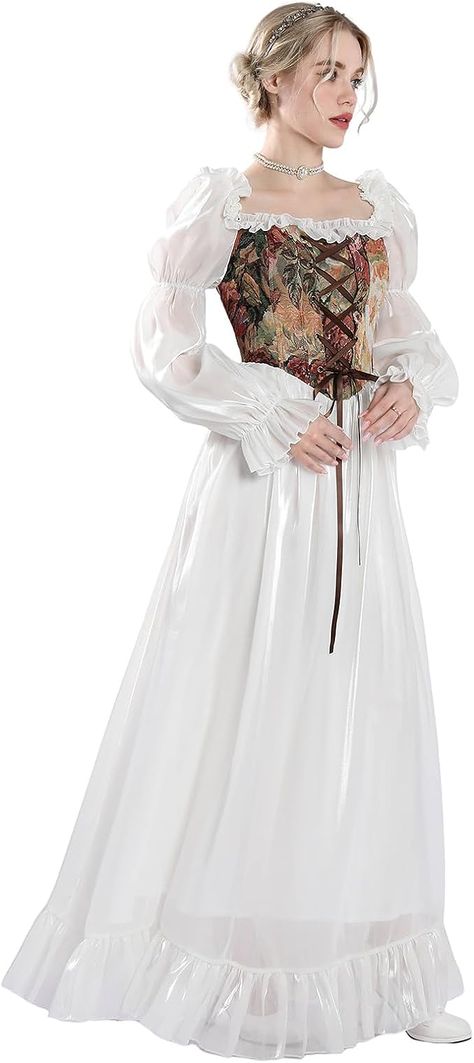 NSPSTT White Renaissance Dress Women Fairy Dress Victorian Medieval Costume Victorian Outfits Women, Medieval Outfit Women, White Medieval Dress, Medival Outfits Women, Regency Ball, Elegant Vintage Dresses, Fair Outfits, Wedding Clothing, Medieval Costume