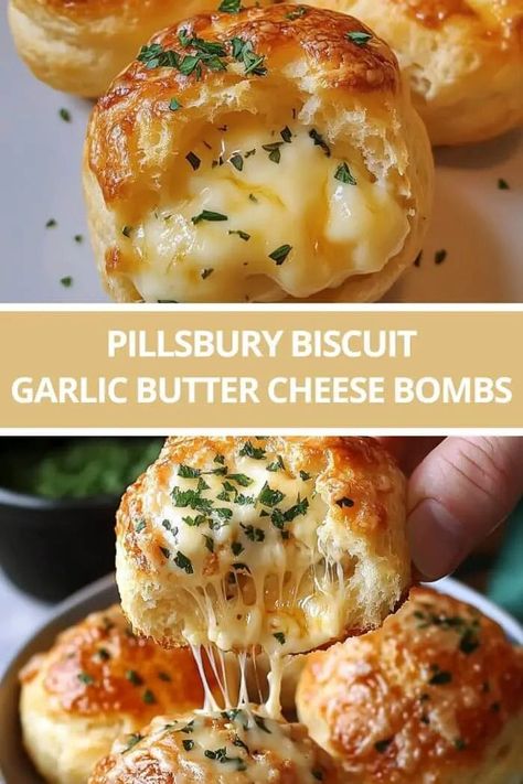 Pillsbury Biscuit Garlic Butter Cheese Bombs Pillsbury Biscuit Garlic Knots, Pizza Bites With Biscuits Pillsbury, Pilsbury Biscuit Garlic Butter Cheese, Garlic Butter Biscuit Bites, Biscuit Food Ideas, Recipes With Garlic Butter, Cheese Stuffed Biscuits Garlic Butter, Cheese Dishes Appetizers, Food To Make With Biscuits