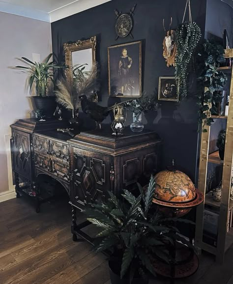 Dark Moody Decor Diy, Oddities Home Decor, Modern Goth Home Bedroom, Gothic Salon Decor Interior Design, Gothic Salon Decor, Minimalist Gothic Decor, Bohemian Gothic Decor Kitchen, Moody Victorian Decor, Romantic Gothic Home Decor