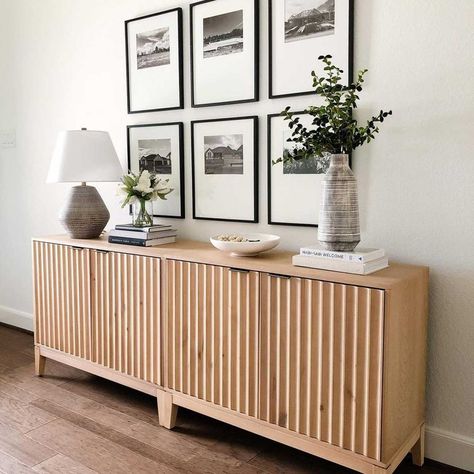 Living Room With Buffet Cabinet, Light Wood Buffet Table, Alternative Media Console, Restoration Hardware Cabinet Living Room, Minimal Organic Modern Living Room, Modern Boho Storage, Sideboard Styling Hallway, Entrance Buffet Decor, Neutral Entrance Hall