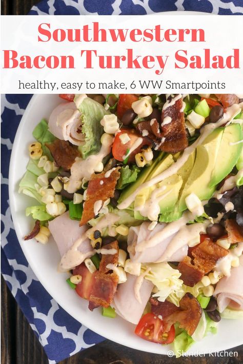 Southwestern Turkey BLTA Salad - Slender Kitchen. Works for Gluten Free, Low Carb and Weight Watchers® diets. 567 Calories. Bacon Corn, Chipotle Ranch Dressing, Southwest Salad, Homemade Chipotle, Chipotle Ranch, Slender Kitchen, Butter Lettuce, Turkey Salad, Deli Turkey