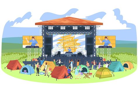 Dj Festival, Vector Illustration People, Music Festival Camping, Festival Paint, Tent City, Illustration People, Fun Outdoor Activities, Outdoor Music, Festival Camping