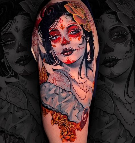 Mexican Tattoo Designs, Watercolour Tattoos, Mayan Tattoos, Neo Tattoo, Mexican Tattoo, Catrina Tattoo, Chicano Tattoos, Sugar Skull Tattoos, The Day Of The Dead