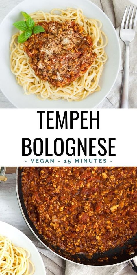 This vegan Tempeh Bolognese can be made in 15 minutes! It's quick, easy, and delicious! | ElephantasticVegan.com #vegan #tempeh #bolognese Tempeh Bolognese, Vegetarian Bolognese, Resep Vegan, Vegan Tempeh, Vegan Bolognese, Plat Vegan, Tempeh Recipes, Vegan Pasta Recipes, Healthy Ingredients