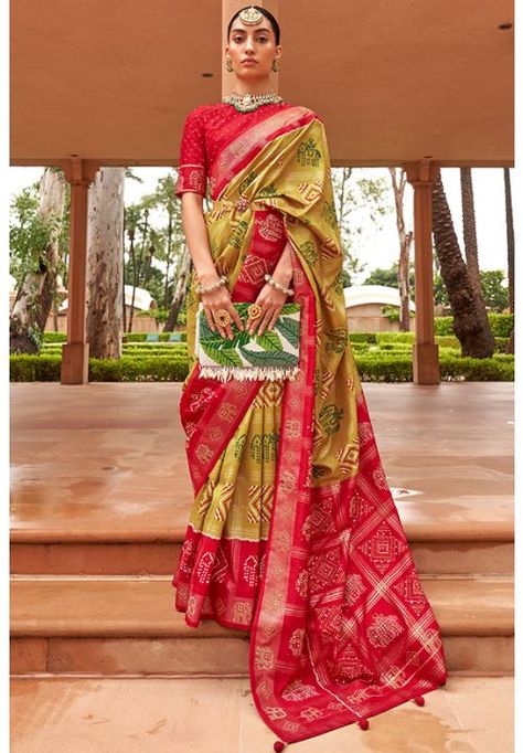 Mustard Green Embellished Patola Silk Saree Patola Silk Saree, Patola Saree, Salwar Dress, Dress Salwar Kameez, Lehenga Choli Online, Wedding Saree Indian, Trendy Sarees, Party Wear Indian Dresses, Orange Fabric