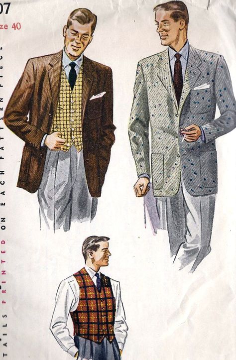 1950s Mens Jacket and Vest 1950s Man, 1950s Men, 1950s Mens Fashion, Men In Suits, Mens Sewing Patterns, 1950s Mens, Vintage Fashion 1950s, Look Retro, Fashion 1950s