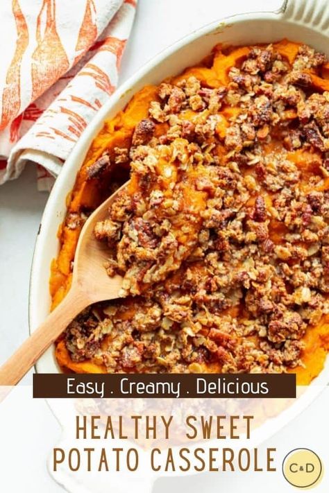 Incredibly delicious, healthy sweet potato casserole with a crunchy pecan crumble topping is a lightened up version of the classic. It's the perfect side dish for your holiday meals! This recipe can easily be made vegan and gluten free too! Pecan Crumble Topping, Healthy Sweet Potato Casserole, Sweet Potato Casserole Healthy, Sweet Potato Sides, Pecan Crumble, Traditional Holiday Recipes, Sweet Potato Thanksgiving, Sweet Potato Recipes Healthy, Healthy Sweet Potato