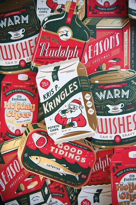 Stout Design Inc | Communication Arts Vintage Christmas Packaging, Holiday Package Design, Retro Christmas Aesthetic, Convo Ideas, Simpson Christmas, Xmas Packaging, Retro Holiday Cards, Candy Card, Christmas Nostalgia