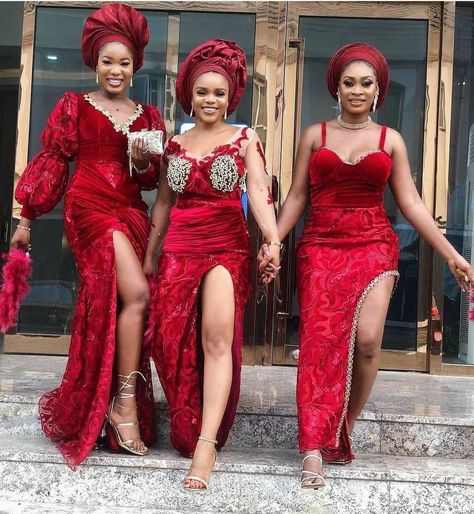 Red Asoebi, Asoebi Lace Styles, Asoebi Lace, Lace Long Gown, Lace Gown Styles, Aso Ebi Styles, Asoebi Styles, Lace Styles, Yellow Lace