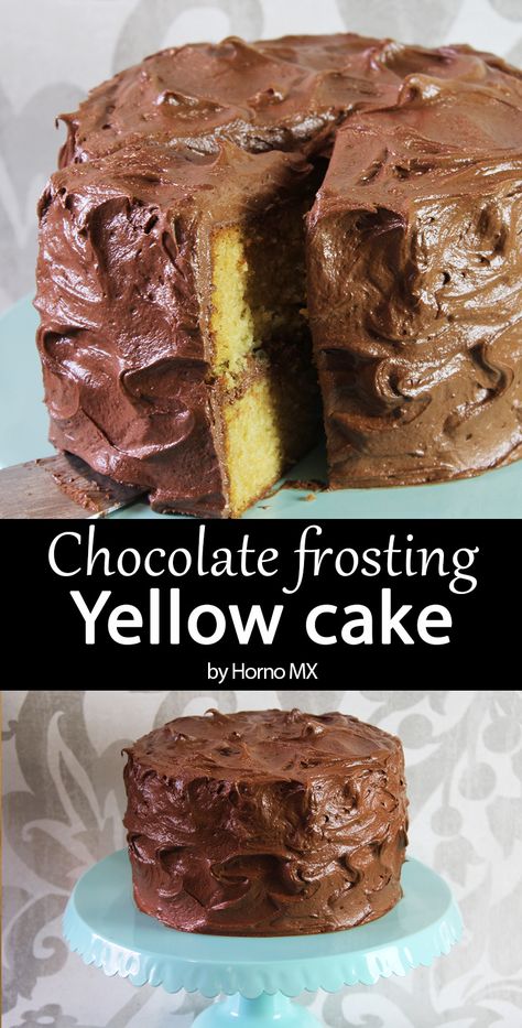 Homemade Yellow Cake With Chocolate Frosting, Moist Yellow Cake Recipe, Best Chocolate Icing, Yellow Cake Chocolate Frosting, Yellow Frosting, Dessert Corner, Yellow Birthday Cake, Yellow Cake With Chocolate Frosting, Chocolate Cake Icing