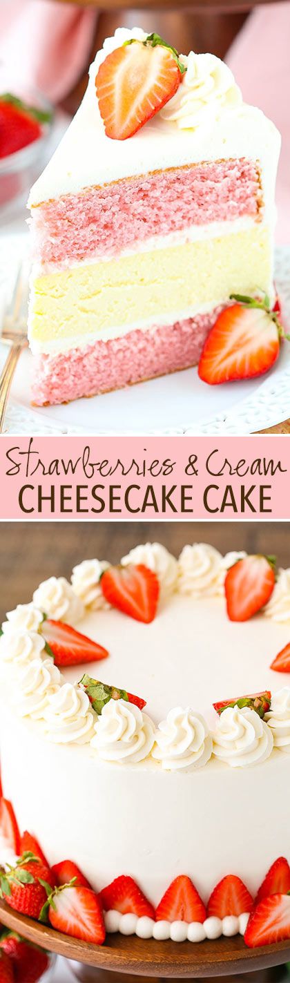 Strawberries and Cream Cheesecake Cake - strawberry cake, vanilla cheesecake and cream cheese whipped cream frosting! So good! Cream Cheese Whipped Cream Frosting, Strawberries And Cream Cheesecake, Cream Cheese Whipped Cream, Kek Lapis, Cream Cheesecake, Cake Strawberry, Vanilla Cheesecake, Cake Vanilla, Whipped Cream Frosting