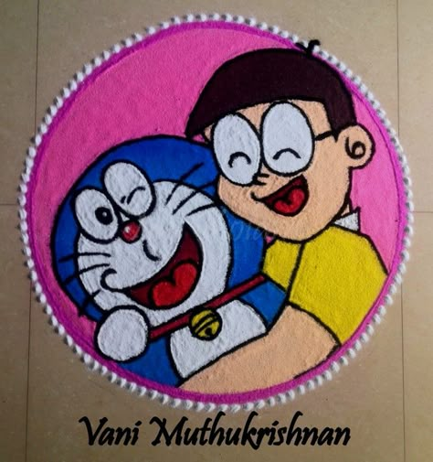 Cartoon Rangoli Designs For New Year, Shinchan Rangoli, Rangoli Cartoon Design, Doraemon Rangoli, Doremon Rangoli, Diva Rangoli Design, New Year Rangoli Design Cartoon, Rangoli Designs Ram Sita, Bhai Duj Rangoli