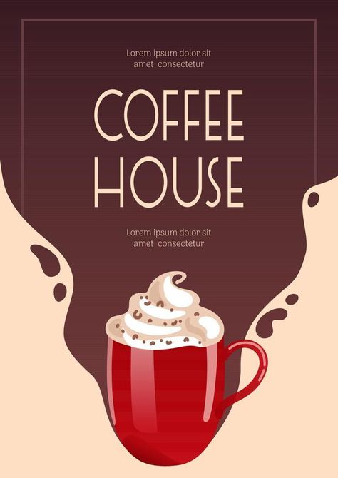 Latte, Hot chocolate or coffee, cocoa and whipped cream in a red mug. Banner for coffee shop, cafe bar, barista. Vector illustration for poster, banner, flyer, advertising, publicity, promo, menu Hot Chocolate Advertising, Hot Chocolate Graphic Design, Coffee Poster Design Illustration, Hot Chocolate Poster Design, Coffee Poster Ideas, Coffee Advertising Posters, Coffee Poster Design Graphics, Bar Logo Design Ideas, Hot Chocolate Poster