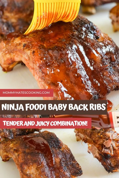 Make the absolute BEST Ninja Foodi Ribs with this Ninja Foodi Baby Back Ribs recipe.  This recipe uses the air crisp and pressure cooker function to make tender, juicy ribs that fall off the bone. The Best Ribs, Best Ribs, Ninja Cooking System, Ninja Cooking System Recipes, How To Cook Ribs, Ninja Recipes, Back Ribs, Baby Back Ribs, Ninja Foodi