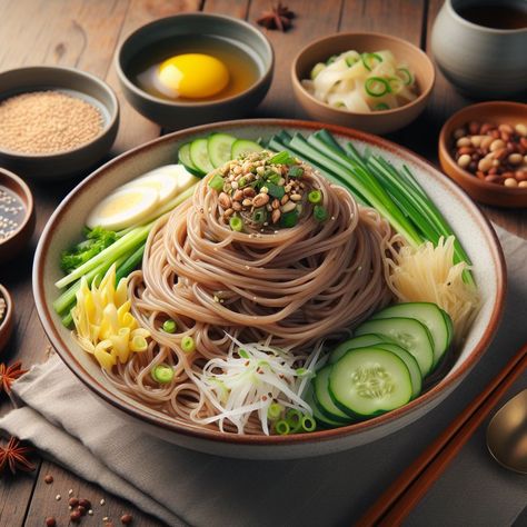 Naengmyeon – Korean Chilled Buckwheat Noodles Naengmyeon, Buckwheat Noodles, Food Illustration Art, Asian Foods, Global Recipes, Food Illustration, Noodle Dishes, Buckwheat, Food Decoration