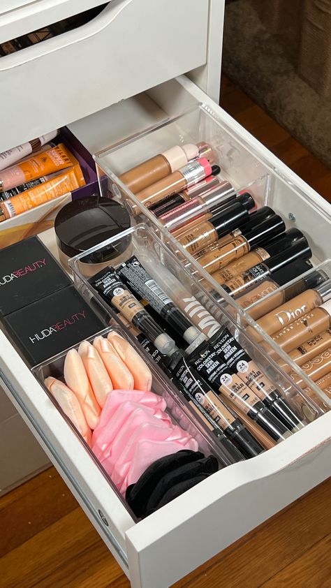 Reorganizing my beauty room feels so good!!🤩 organization, makeup organization, concealer organization, concealer drawer, Huda Beauty, beauty room inspo Makeup Bord, Organization Goals, Jessi Malay, Rangement Makeup, Organize Makeup, Penyimpanan Makeup, Beauty Room Vanity, Room Organization Bedroom, Lipstick Organizer