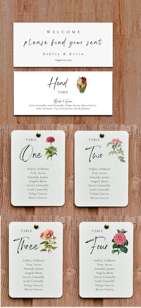 "Make finding your seat fun and easy with beautiful vintage floral graphics. Coordinates with our table number cards - same table, same flower graphic Fully editable seating chart includes: 9\"x4\" Welcome \"Find your seat\" Banner sign 9\"x4\" Head Table Seating Chart Banner +Optional to use this banner chart, or use Head Table card in 5\"x7\" 5\"x7\" seating chart signs numbered Head, and 1-14 (template allows adding or subtracting tables) +Unique graphics on each sign help find your table, ma Easy Seating Chart Wedding, Table Seating Chart Wedding, Wedding Table Assignments, Wedding Table Cards, Table Assignments, Table Seating Chart, Wedding Reception Seating, Floral Graphics, Cards Flowers