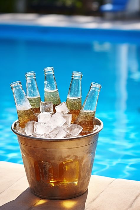 Two Beer Bottles With Straw In An Ice Bucket Outside A Pool Background Daytime Wallpaper, Drink Menu Design, Pool Background, Ice Beer, Pool Drinks, Beer Bucket, Pool Wedding, Product Shoot, Beer Bottles