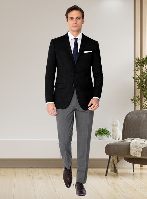 Craft a sophisticated outfit with a sharp black suit jacket and white shirt, complemented by a navy tie, grey pants, and polished brown Oxford shoes, ideal for a polished, professional ensemble. Black Jacket Grey Pants Men, Black Suit Brown Shoes Men, Brown Oxford Shoes Outfit, Black Blazer White Shirt, Blazer White Shirt, Black Shirt Outfit Men, Black Shirt Outfits, Grey Pants Men, Brown Oxford Shoes