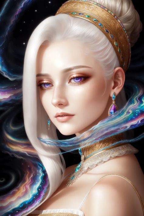 The image shows a beautiful woman with long white hair and purple eyes. She is wearing a golden crown and a white dress with a blue sash. She is also wearing a necklace and earrings. The background is a dark blue night sky with stars. White Hair Purple Eyes, Regal Woman, Dark Blue Night Sky, Woman With White Hair, Night Sky With Stars, Sky With Stars, Blue Sash, Blue Night Sky, Crown Art