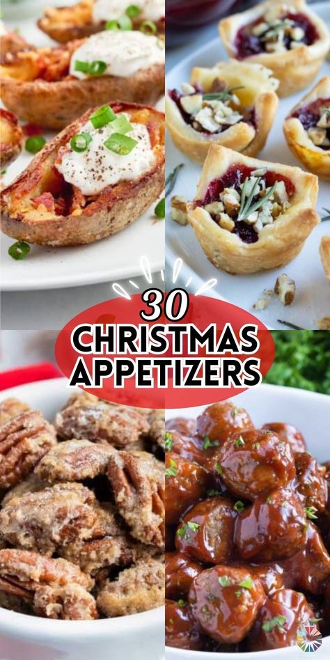 Looking for a holiday appetizer that will be a crowd pleaser? These 30+ easy Christmas appetizers will be the PERFECT finger foods at your Christmas party this year! From a silky, creamy dip to a perfectly bite-sized brie snack, these Christmas appetizer ideas will have your family and friends coming back for more! Grab your supplies, pick a recipe, and enjoy! Christmas Appetizers In A Cup, Finger Food Appetizers Christmas, Light Christmas Appetizers Simple, Girls Night Christmas Party Ideas Food, Christmas Theme Appetizers Party, Holiday Party Potluck Ideas, Christmas Party Food For A Crowd, Savory Holiday Snacks, Christmas Savory Appetizers