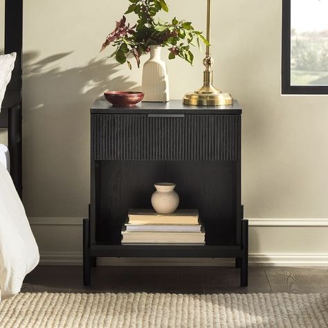 Middlebrook Designs Modern Fluted-Drawer Nightstand - Bed Bath & Beyond - 38959843 Minimalist Drawers, Nightstand Black, Black Bedside, Black Nightstand, Fabric Storage Bins, Walker Edison, Nightstand Storage, 2 Drawer Nightstand, Wood Nightstand