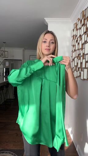 This guide shares a simple shirt hack. This is my favorite hack for button-down blouses. Silky Shirt Outfit, Long Blouse Outfit, Oversized Silk Shirt Outfit, Long Sleeve Blouse Outfit, Satin Button Down Shirt Outfit, Big Shirt Outfits, Oversized Blouse Outfit, Satin Shirt Outfit, Silk Shirt Outfit