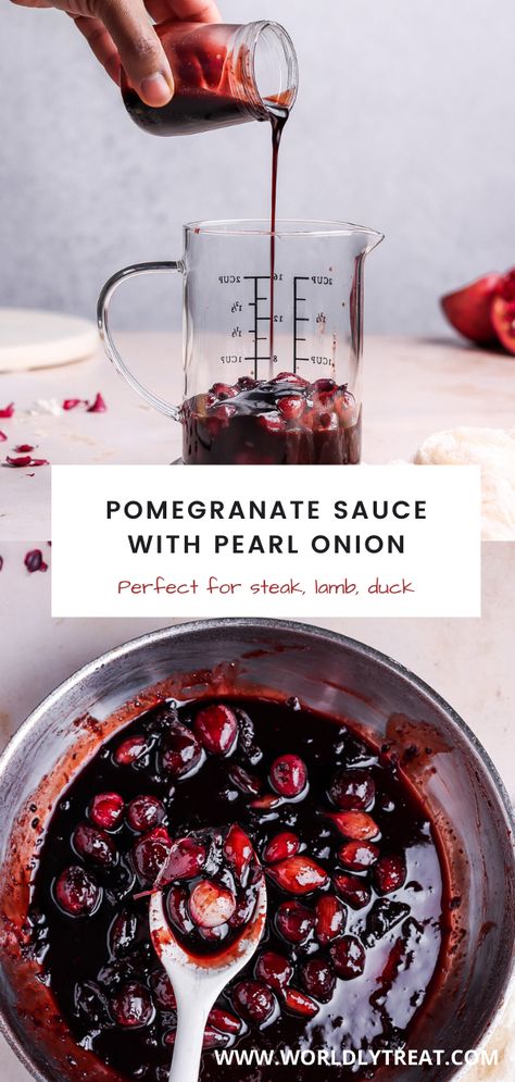 This easy and utterly delicious red wine reduction sauce is perfect for steak, lambs, duck, and more. This pomegranate sauce, a.k.a steak sauce, is made with pearl onion adding richness to an already flavorful red wine sauce. Try this one-pan sauce in 30 minutes or less. Pomegranate Reduction Sauce, Red Wine Steak Sauce Recipe, Cranberry Reduction Sauce, Pomegranate Sauce Recipe, Pomegranate Marinade, Red Wine Steak Sauce, Wine Reduction Sauce, Red Wine Reduction Sauce, Wine Steak