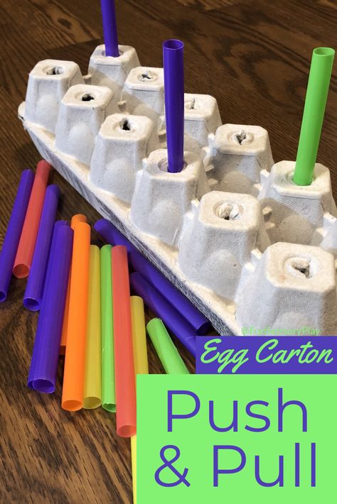 Fine motor skills game for children using an egg carton and straws! Push And Pull Sensory Activities, Push And Pull Centers, Push Or Pull Activities, Creative Curriculum Container Study, Recycling Week Activities For Kids, Push And Pull Activities For Preschool, Structured Play Activities, Moving Activities For Kids, Fine Motor Toddler Activities