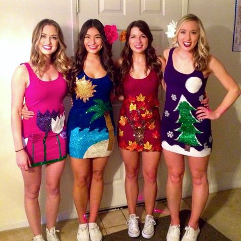 Four seasons Halloween costume #4seasons #Halloween #Halloween2016 #seasonscostume #groupcostume 4 Seasons Halloween Costume Diy, 4 Seasons Halloween Costume, Four Seasons Halloween Costume, Seasons Halloween Costume, Four Seasons Costume, Group Costumes For 4, Halloween Costumes Group Of 4, Costume Diy Ideas, Halloween Costumes Group