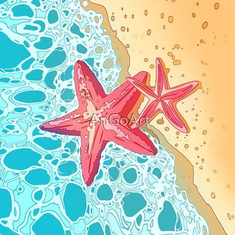 Red sea stars and the ocean  A beautiful aesthetic design with two beautiful red sea stars laying on the beach. A great design for those who love summer, sea theme, and nature in general.  sea star, sea, ocean, beach, summer, blue ocean, waves, blue waves, nature, star, starfish, fish, blue, California, summer beach, sand Starfish Drawing, Aquatic Design, August Art, Starfish Painting, Sea Creatures Drawing, Star Sea, Ocean Starfish, Starfish Art, Ocean Drawing