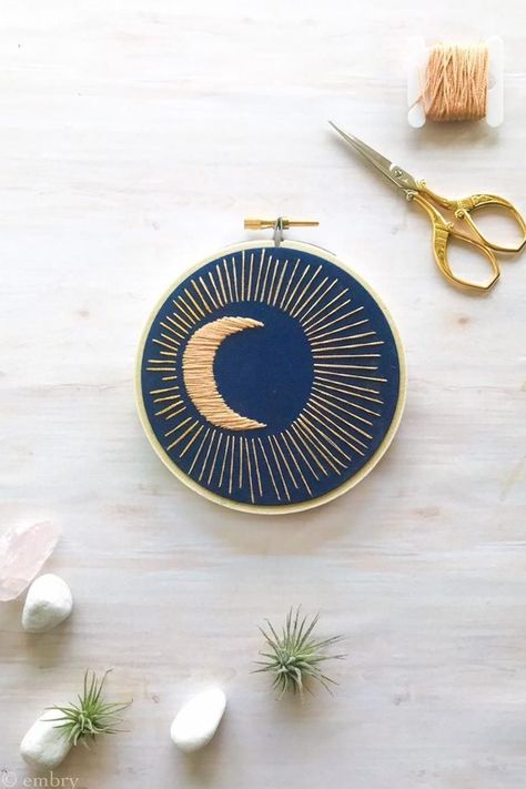 Eclipse Embroidery, Crescent Moon Embroidery, Celestial Embroidery, Minimalist Dorm, Moon Embroidery, Navy Blue Wall Art, Embroidery Hoop Wall, Navy Blue Walls, Embroidery Hoop Wall Art