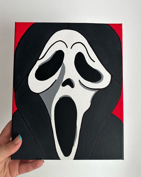 Painting of the famous ghost face off scream for sale £12 😱 Halloween Painting Ghost Face, Easy Ghost Face Painting, Scream Drawing Sketch, Ghost Face Decoration, Scream Mask Painting, Halloween Canvas Art Ideas, Simple Painting Ideas Aesthetic Black, Horror Movie Paintings Canvas Easy, Ghost Face Painting Easy