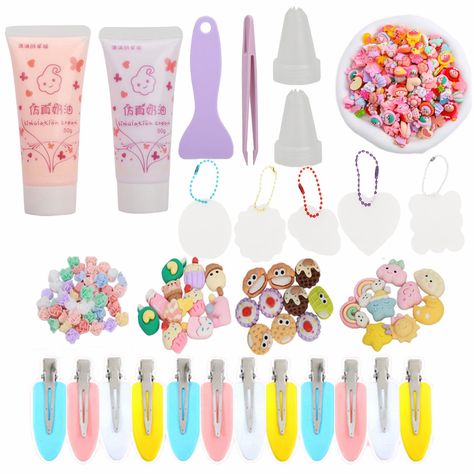 PRICES MAY VARY. 【DIY Your Hairclips】This DIY kits are colorful and diverse, it's magical, include all the tools and accessories, like hairclips fabric for your decoration, you can use the cream glue to stick the varied cute resin accessories and flower on with your imagination. 【104pcs Include】2pcs Cream Glue, 5pcs Pendants, 12pcs Hairpin, 50pcs Flowers, 30pcs 3D Cartoon Accessories, 1pc Shovel, 1pc Tweezer, 1pc Box 【Material】Hair clips are made of Acrylic. It can be used repeatedly and the col Cartoon Accessories, Diy Hairpin, Cream Glue, Diy Cream, 3d Cartoon, Diy Keychain, Accessories Diy, Gift For Women, Hair Clips