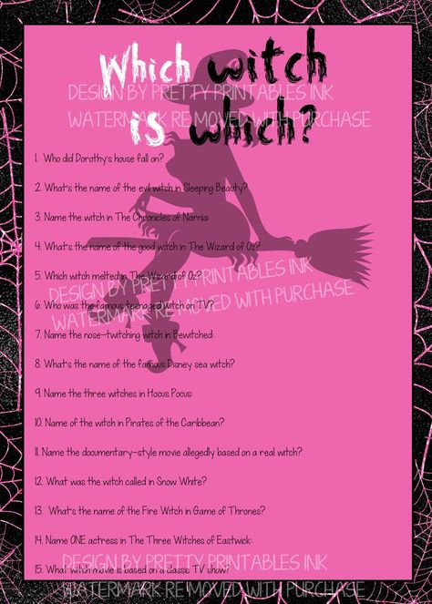 Hot pink and black Halloween which witch is which game with a silhouette of a witch sitting on a broom in the background. Halloween Tea Party, Fun Halloween Games, Witch Party, Which Witch, Fall Baby Shower Invites, Halloween Facts, Pretty Printables, Adult Halloween Party, Karten Design