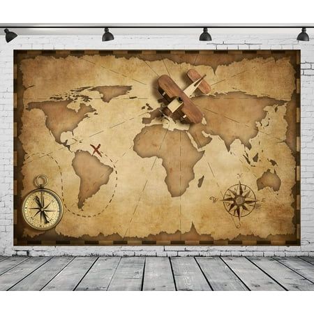 Vintage World Map Party Decorations - 7x5ft Fabric Backdrop for Birthday, Airplane & Compass Theme Compass Theme, Vintage Airplane Birthday Party, Airplane Birthday Party Decorations, Vintage Airplane Birthday, Backdrop For Birthday, Airplane Birthday Party, Vintage Airplanes, Travel Party, Fabric Backdrop