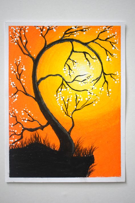 Easy sunset scenery drawing | oil pastel drawings for beginners Simple Color Drawings, Oil Pastel Ideas For Beginners, Oil Pastel Art Easy Sunset, Color Drawings Easy, Cute Scenery Drawing, Simple Oil Pastel Drawings, Natural Design Drawing, Sceneries Drawing, Drawing With Crayons Easy