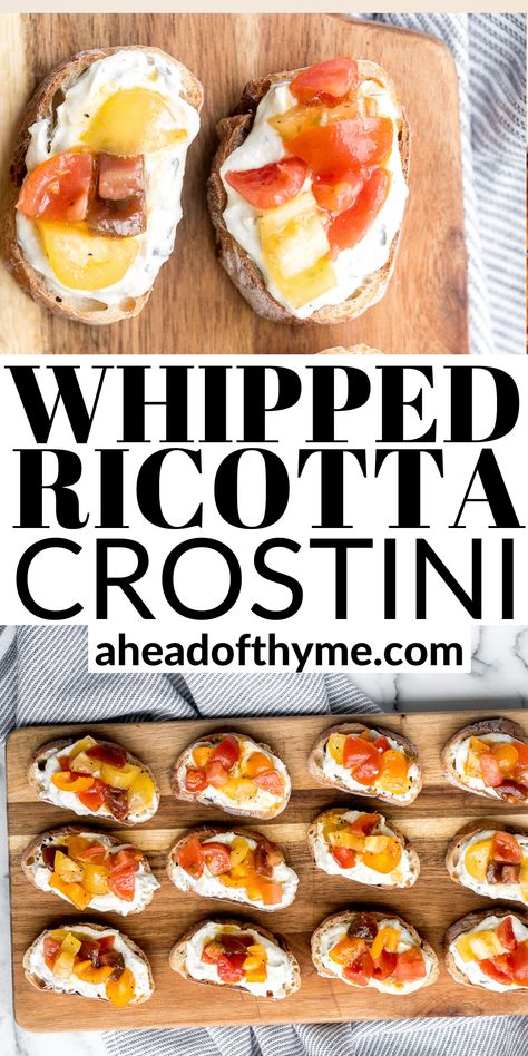 Baguette Appetizer, Bruchetta Appetizers, Crostini Toppings, Thanksgiving Apps, Party Fingerfood, Ricotta Crostini, Snack Boards, Crostini Appetizers, Whipped Ricotta