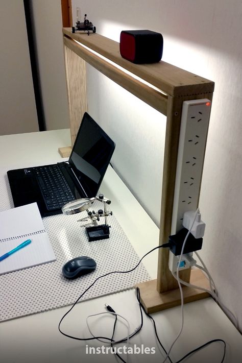 TechKiwiGadgets's desk light and shelf with power box is great for a home office or a makers area. #Instructables #workshop #woodworking #lighting #workspace Light Elf, Desk Diy, Light Shelf, Diy Halloween Decor, Into The Wood, Diy Holz, Pole Barn Homes, Design Industrial, Diy Desk