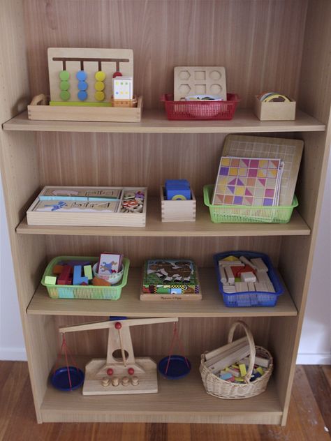 Montessori inspired activity shelf - 4 and 6 year old Montisory Activity Preschool, Montessori Shelf Work Kindergarten, Montessori Shelf Work, Montessori Math Shelves, 2 Year Montessori Shelf, Montessori Practical Life Shelf, Montessori 24-36 Months Activity, Montessori Trays, Montessori Activities Preschool